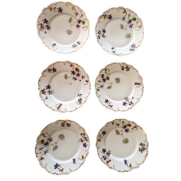 ANTIQUE Set 6 HAVILAND LIMOGES Salad plates Sch 453D Violets Daisy Handpainted - Picture 1 of 16
